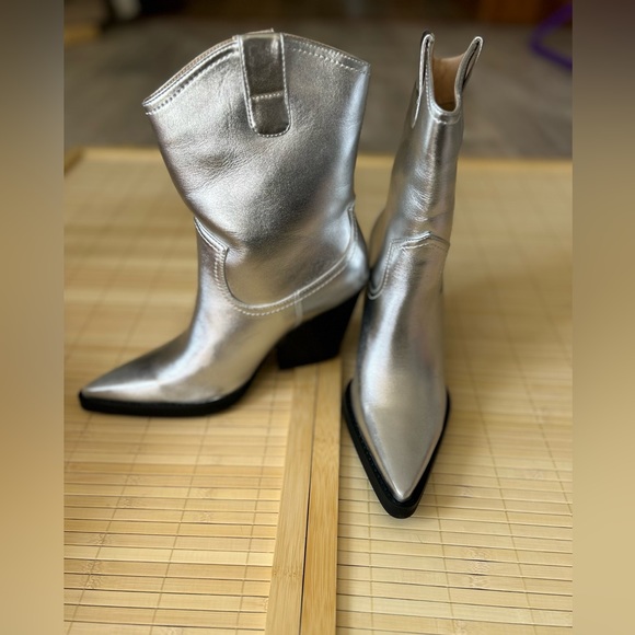 LOIRIT Women's Cowgirl Boots Silver Mid Calf Chunky Heel - Picture 5 of 9